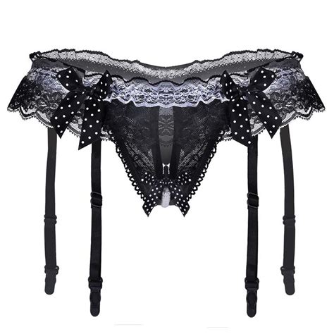 Naughty Crotchless Pearl Chain Ruffle Lace Open Crotch Panties With Garter