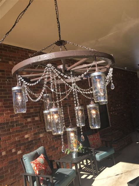 Large Wagon Wheel Chandelier With 3 Tiers Of Mason Jars Lights Etsy