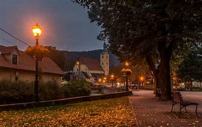 Fall Street Zagreb Evening Trees Building Lamp