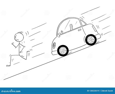 Cartoon Of Man Running Down To Hill From Car Moving Uncontrolled