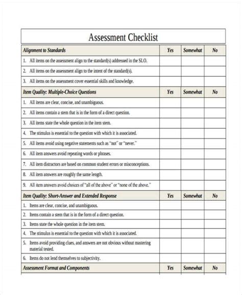 Formative Assessment Checklist Template For Your Needs
