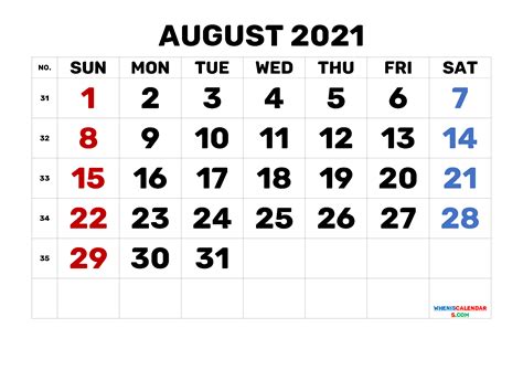 Calendar August 2021 Printable Free Template M21bold4