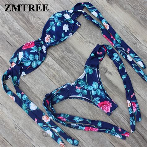 Zmtree Off Shoulder Swimwear Women Bandeau Bikini Set Floral Printed