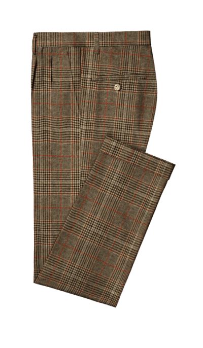 Brown Checkered Tweed Pleated Trousers For Men