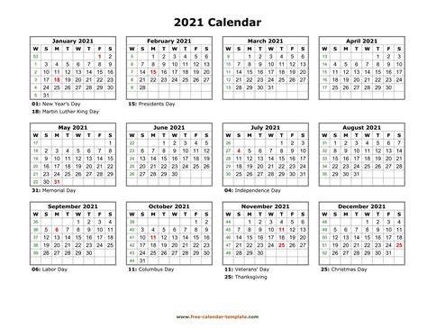 Blank, editable and easy to print. Printable Yearly Calendar 2021 | Free-calendar-template.com