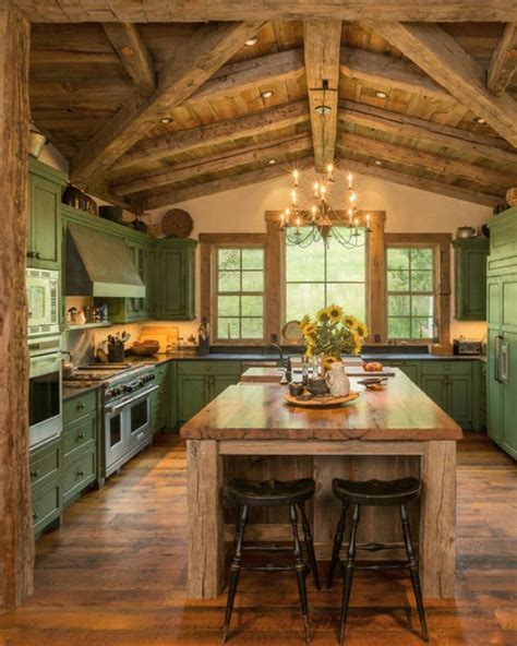 It also works well with several kitchen styles. rustic green kitchen cabinets (With images) | Farm style ...