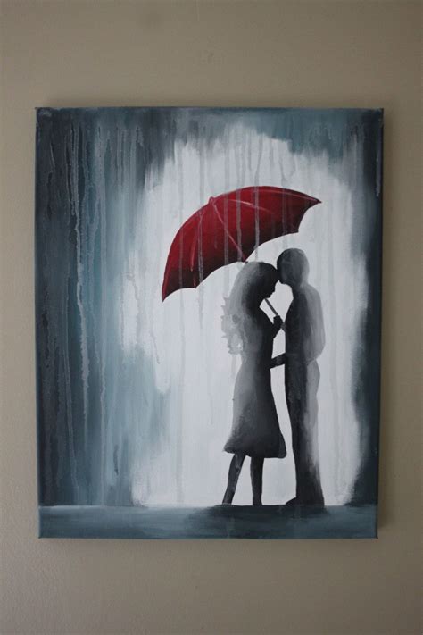 This Is A Painting Of A Couple In The Rain Under A Red Umbrella This