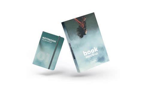 Front View Of A Floating Book Cover With A Notebook Mockup Free