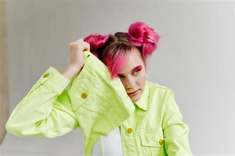 Glamorous Woman With Pink Hair Bright Makeup Posing Stock Image Image