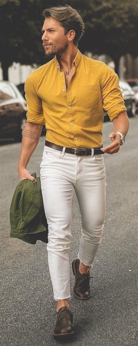 Yellow Shirt Men Shirts Outfits Ideas With White Casual Trouser