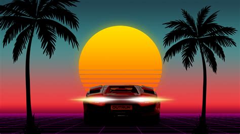 449959 Outrun Sunset Neon Lamborghini 8 Bit 80s Car 1980s Palm Trees Mocah Hd Wallpapers
