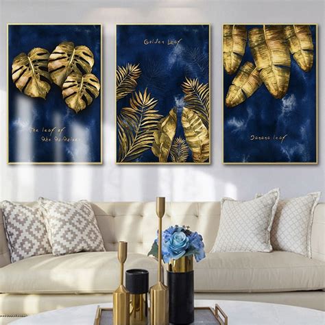 Luxury Wall Art Golden Leaf Wall Art Prints Canvas Paintings Blue