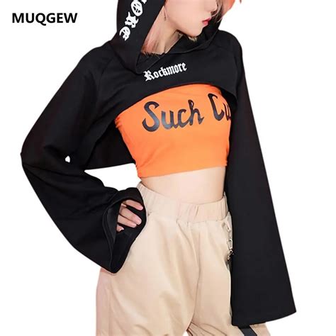 Women Plus Size Sweatshirt Hooded Kpop Crop Autumn Letter Flare Blackpink Tops Hooded Women