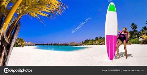 beautiful sexy tanned woman bikini holding surfboard maldives sand beach fotografía de stock