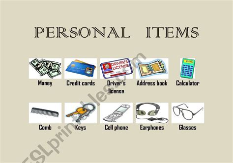English Worksheets Personal Items
