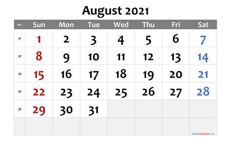 August 2021 Printable Calendar Free Premium