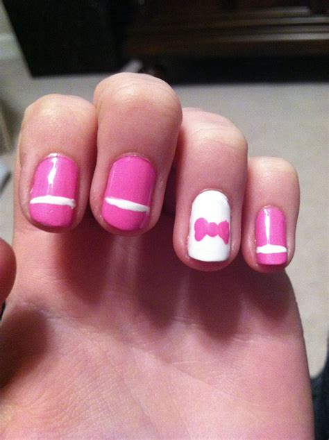 Pink And White Nail Design With Bow Nail Piercing Work Nails White