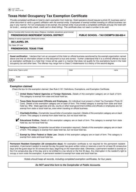 Fillable Form 12 302 Hotel Occupancy Tax Exemption Certificate