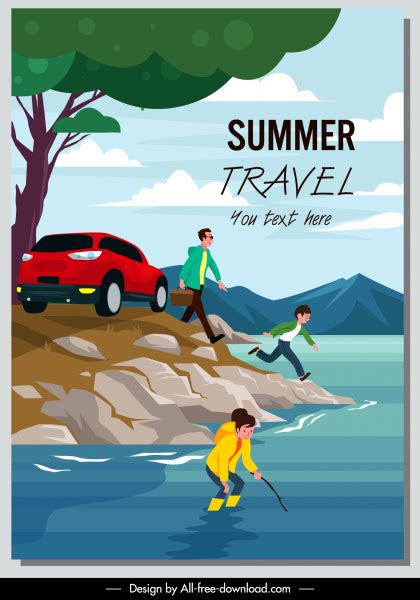 Sommer Urlaub Plakat Familie Urlaub Skizze Cartoon Design Vektor