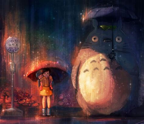 A Person Standing In Front Of A Totoro Holding An Umbrella Next To A Clock