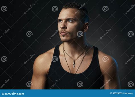 Of Strong Confident Man In A Black T Shirt Stock Image Image Of