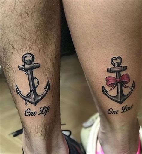 two people with matching tattoos on their legs one has an anchor and the other has a bow