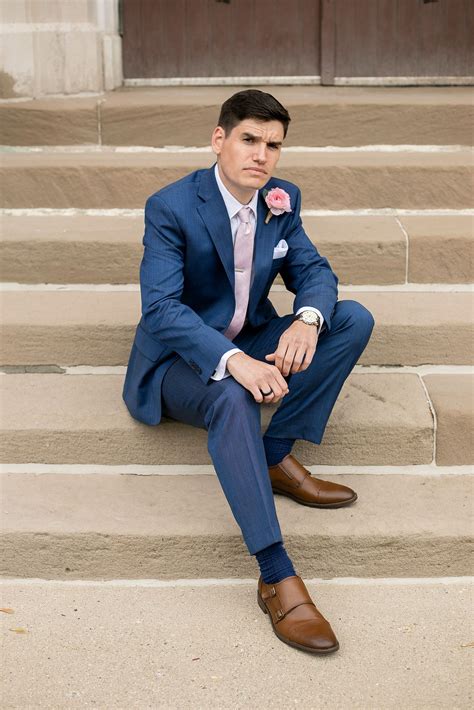 Groom Portraits Navy Blue Suit Brown Leather Shoes Blush Tie Wedding Photos Blue Suit Wedding
