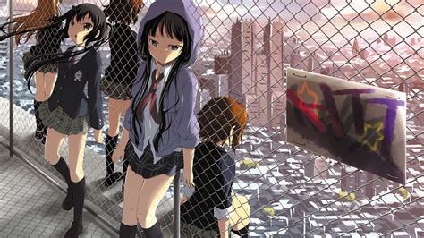 Wallpaper City Anime Fence Comics Art Girls Roof Screenshot