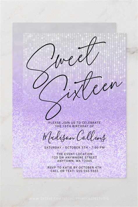 Chic Purple Silver Glitter Sweet 16 Invitation In 2021