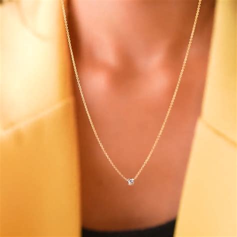 14k Solid Yellow Gold Minimalist Bezel Set Diamond Solitaire Necklace