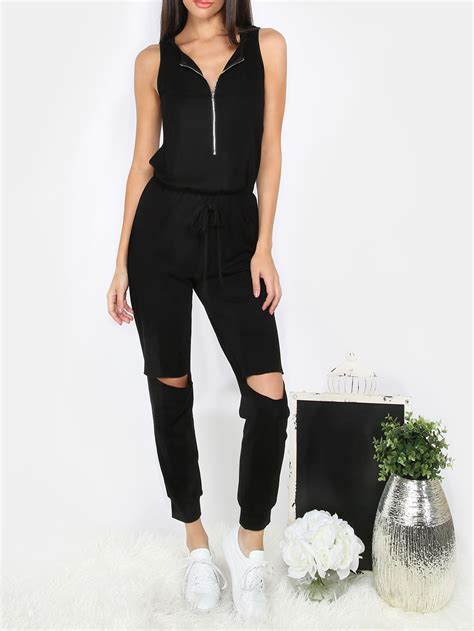 Shop Black Sleeveless Zipper Cutout Jumpsuit online. SheIn offers Black ...