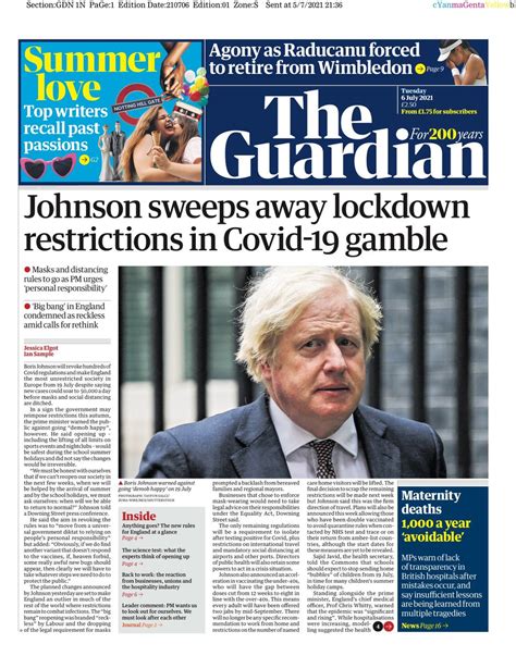 Guardian Front Page 6th Of July 2021 Tomorrow S Papers Today
