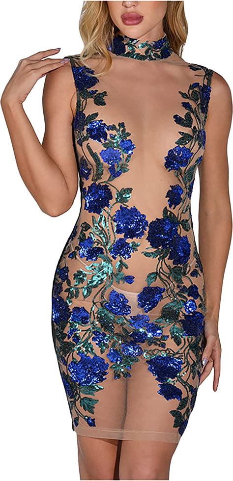 Lucktop Womens Sexy Sleeveless Turtleneck Floral Printed See Through Bodycon Party Clubwear