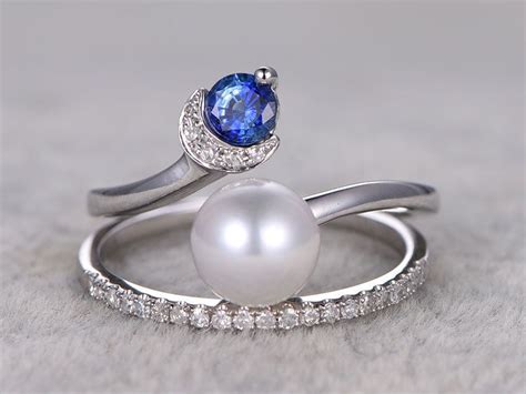 Pearl Wedding Ring Sets Diamond Sapphire Engagement Ring 7mm South Sea