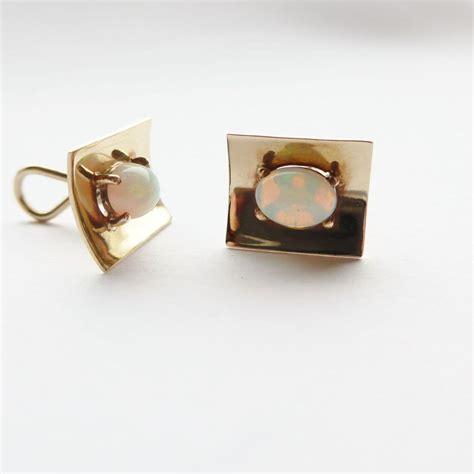 Unusual Mid Century Opal And 9ct Gold Clip On Earrings