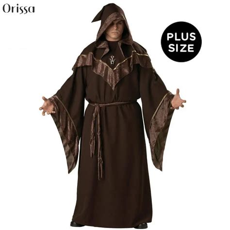Adult Mens Wizard Mystic Sorcerer Hooded Robe Brown Halloween Monk