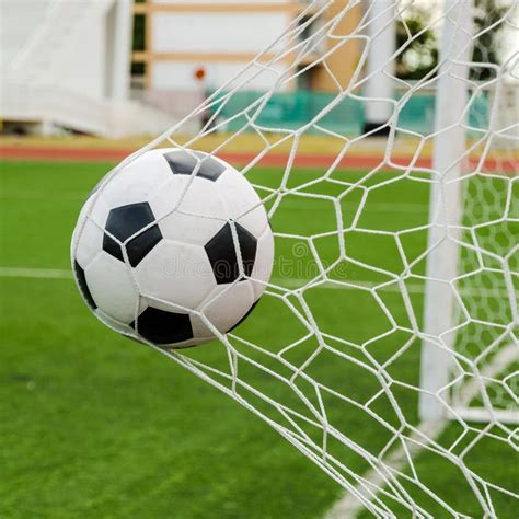 Soccer Football In Goal Net With Green Grass Field Stock Photo Image