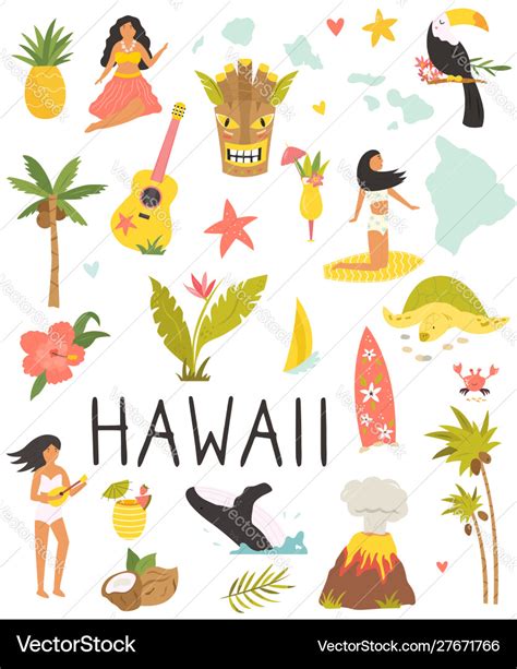 Set Colorful Symbols Landmarks Hawaii Royalty Free Vector