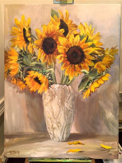 Original Acrylic Still Life Painting Sunflowers In Vase 18x24 By