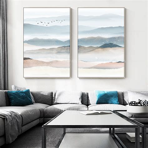 Set Of 2 Print Water Color Mountain Hills Framed Painting Abstract