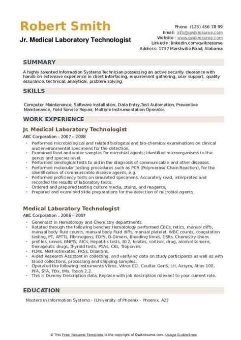 Ready to create a resume that is sure to impress employers? Medical Laboratory Technologist Resume Samples | QwikResume