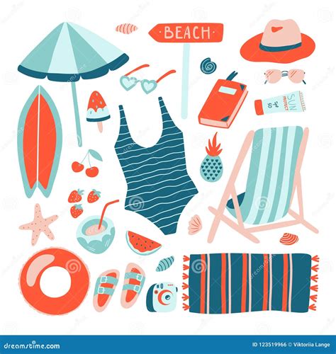 Hand Drawn Summer Beach Object Collection Doodle Style Stock Vector