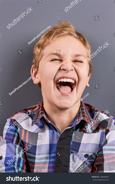 Portrait Laughing Little Boy Close Studio Stock Photo 708048091