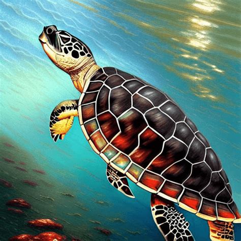 Funny Realistic Turtle Swimming Underwater Expressionist Painting