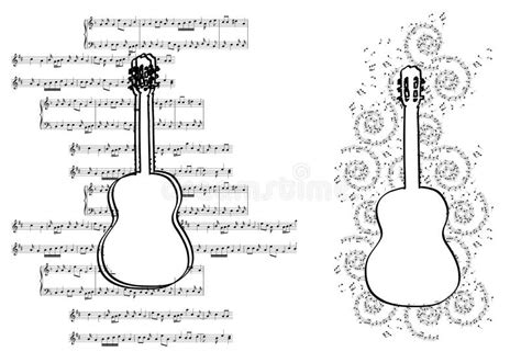 Contour Of Guitar With Music Notes On Blue Vector Background Stock