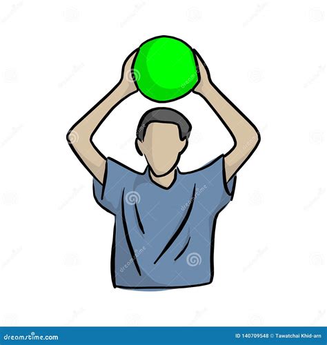 Man Holding Green Ball Over Head Vector Illustration With Black Lines