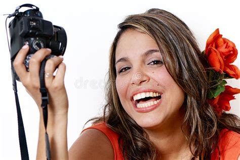 Happy Young Woman With Camera Stock Image Image Of Female Emotion