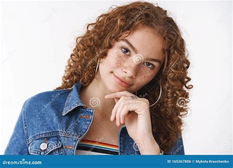 Close Up Tender Sensual Redhead European Girl With Curly Hair Pimples Post Acne Scars Freckles