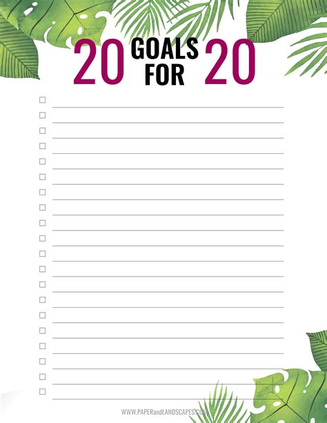 Free Printable 20 Goals For 2020