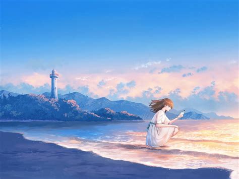 1024x768 Anime Girl Evening Beach Crescent Moon Wallpaper1024x768